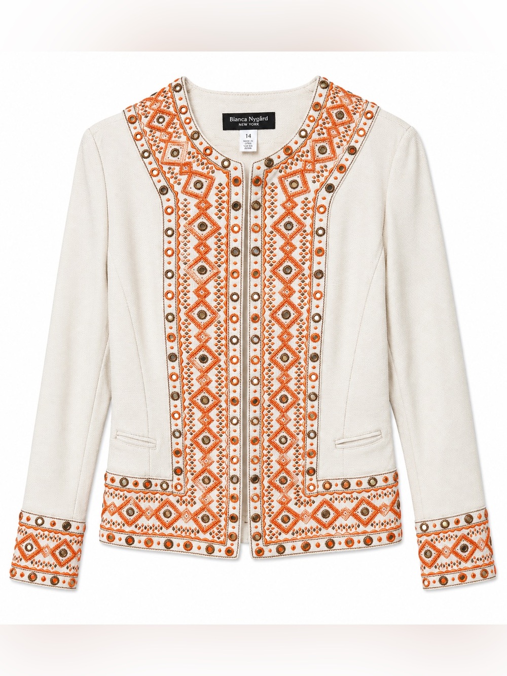 Bianca Nygard Silk Cotton Embroidered Mirror Shisha Jacket Cream Orange Boho 14⁠